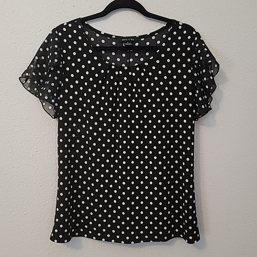 Adele & May Black White Polka Dot Top Sz M Pleated neckline Handkerchief Sleeves